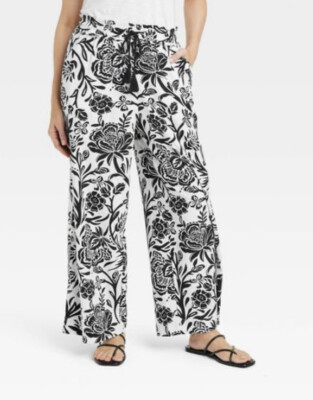 Women's Relaxed Fit Wide Leg Pants - Knox Rose Heather Black Floral Large