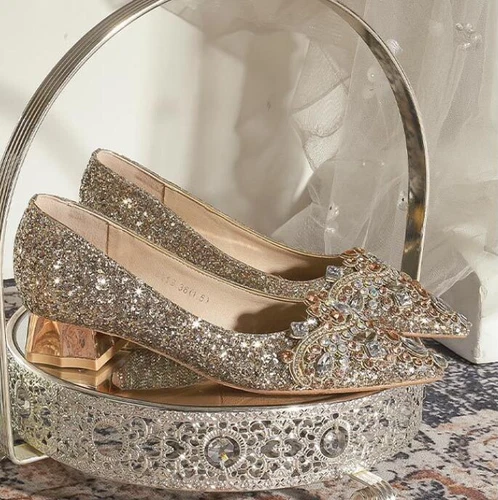 Women Pointed Toe Glitter Bridal Wedding Shoes Sequins Rhinestone 3cm Heels Pump - Picture 8 of 12