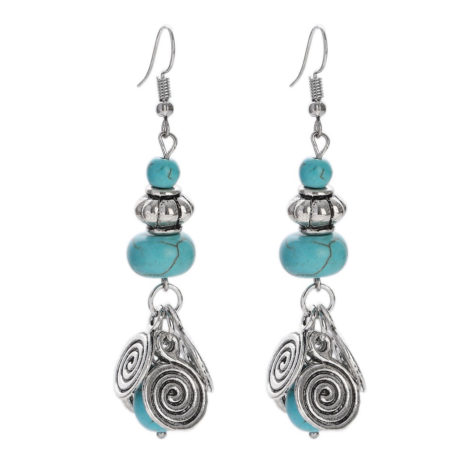Bohemian Gypsy Vintage Tibetan Silver Yoga Coral & Turquoise Dangling Hook Earrings #26