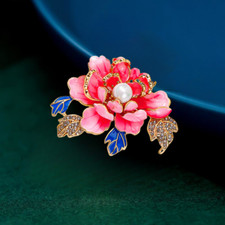 Vintage Pink Enamel Crystal Rhinestone Peony Flower Brooch Pin