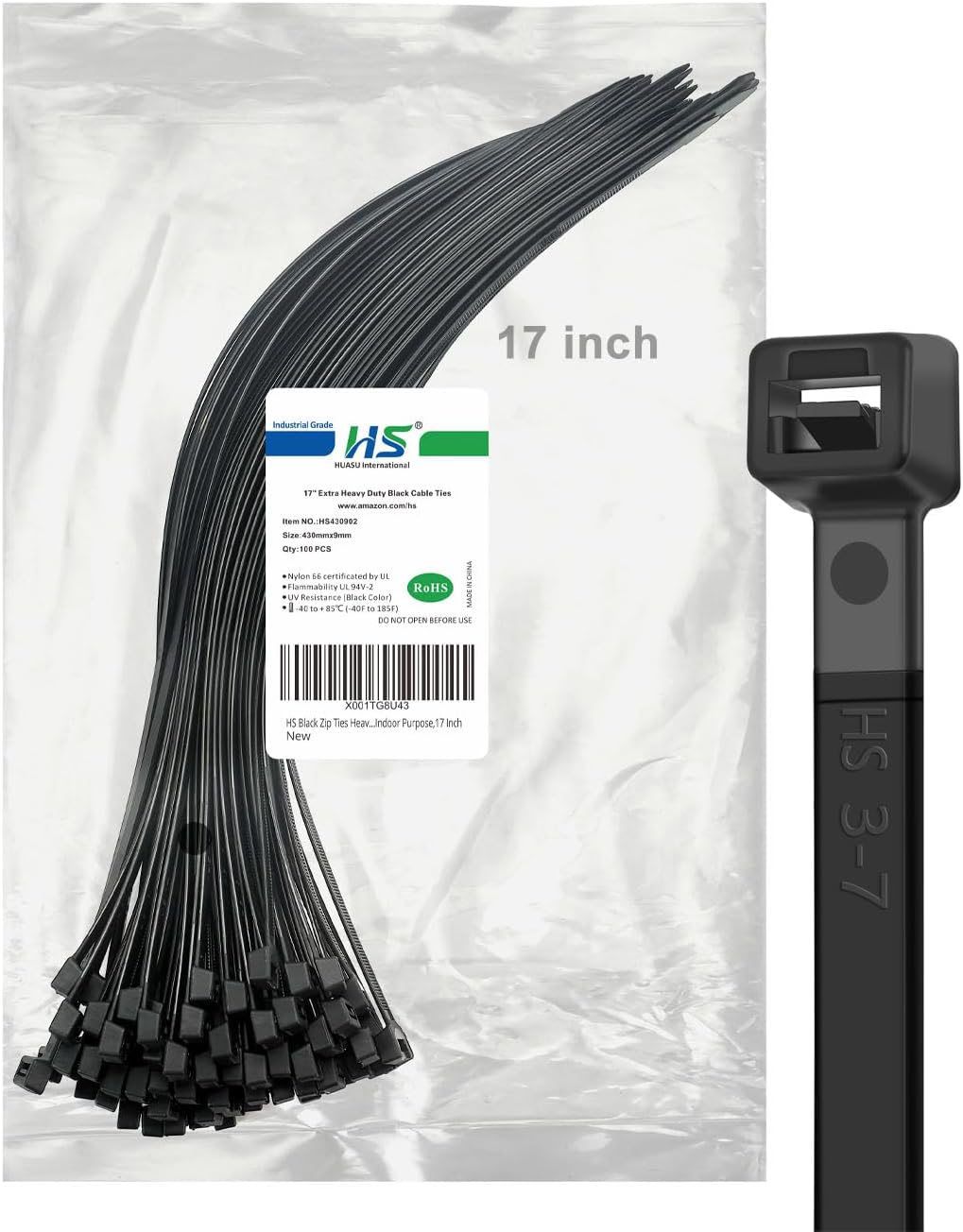 Heavy Duty 17 Inch Black Zip Ties 100 Pcs 200 Lbs Strength Wire Ties