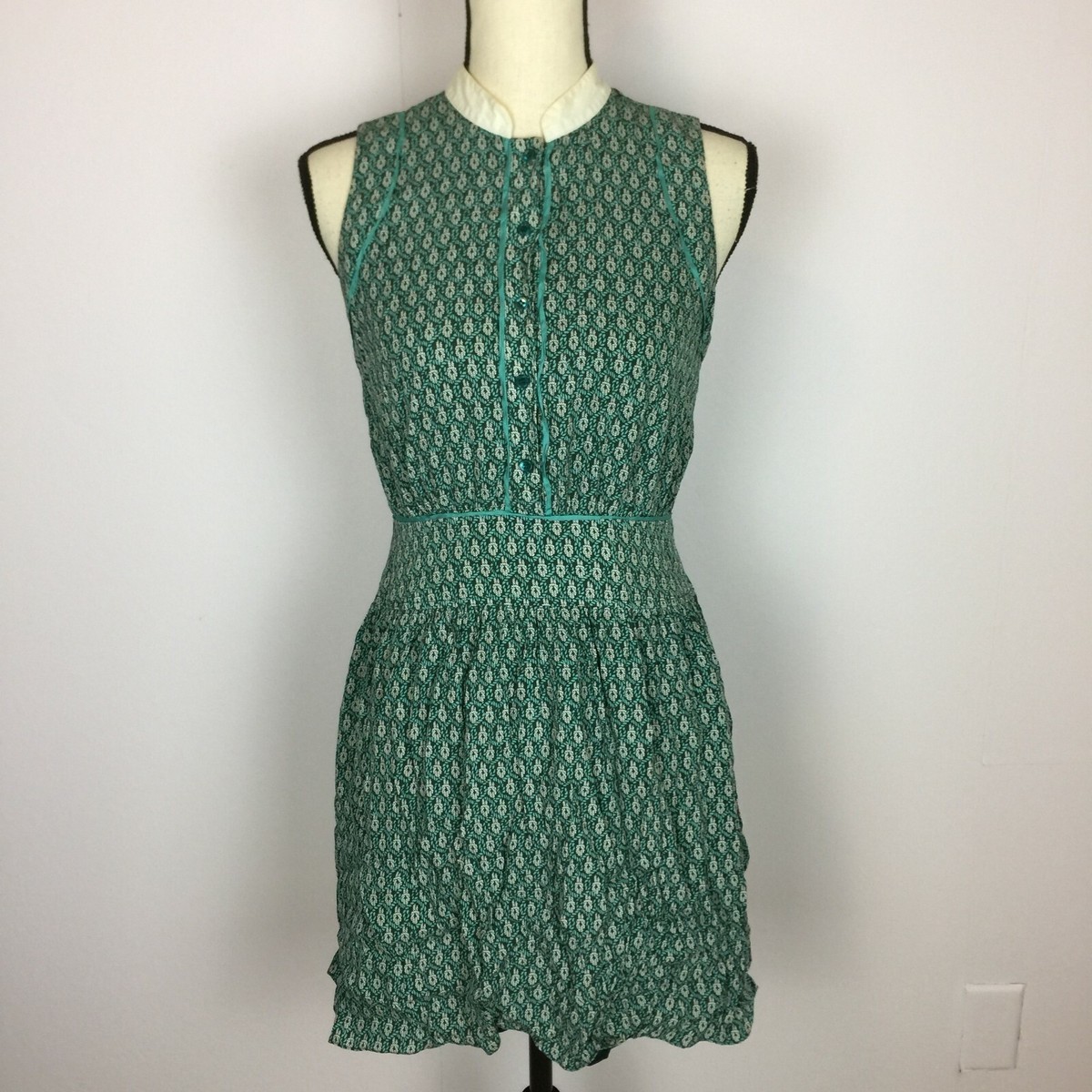 RACHEL ZOE Mini A-Line Dress Womens 2 Button Front Sleeveless Green White