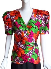Vtg 80s Tropical Floral Curvy Cut Strong Shoulder Cotton Wrap Statement Top M