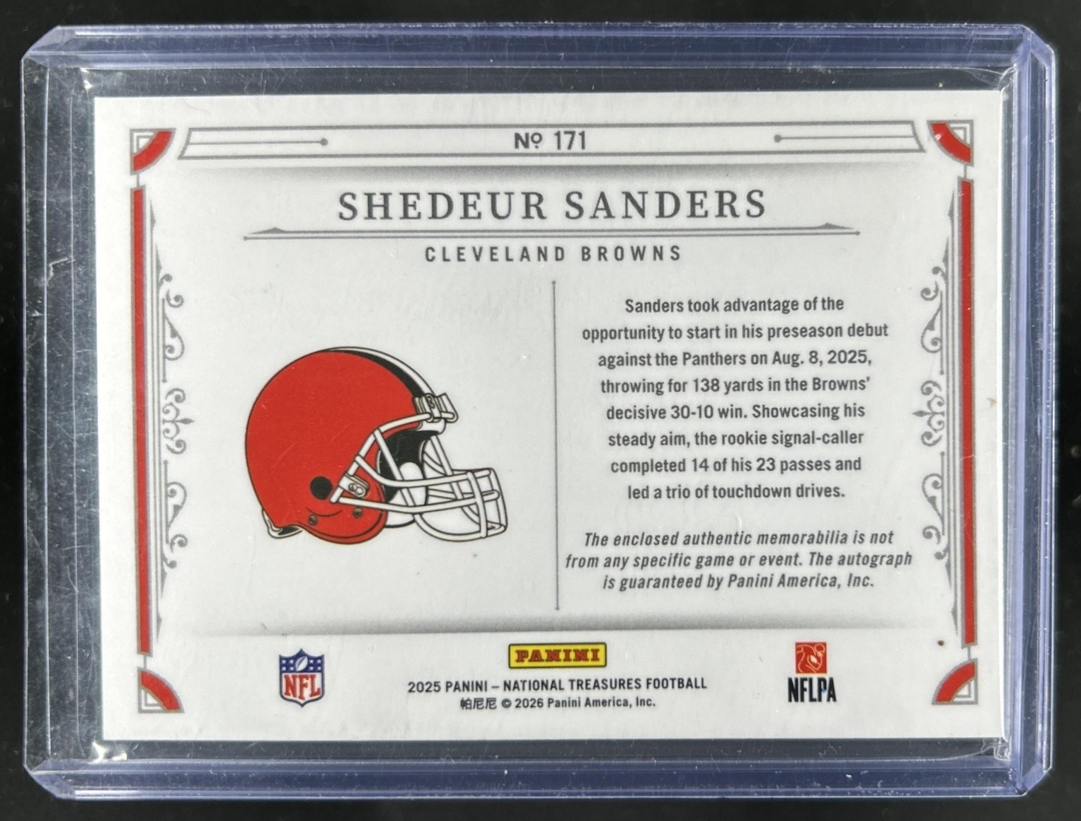 2025 Panini National Treasures Shedeur Sanders Rookie Patch Auto RC #/99 Browns view 2