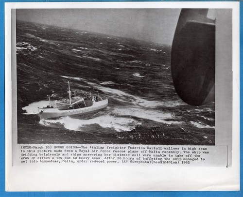 1962 Italian Freighter Frederico Bartoli in Distress Off Malta Press Wirephoto