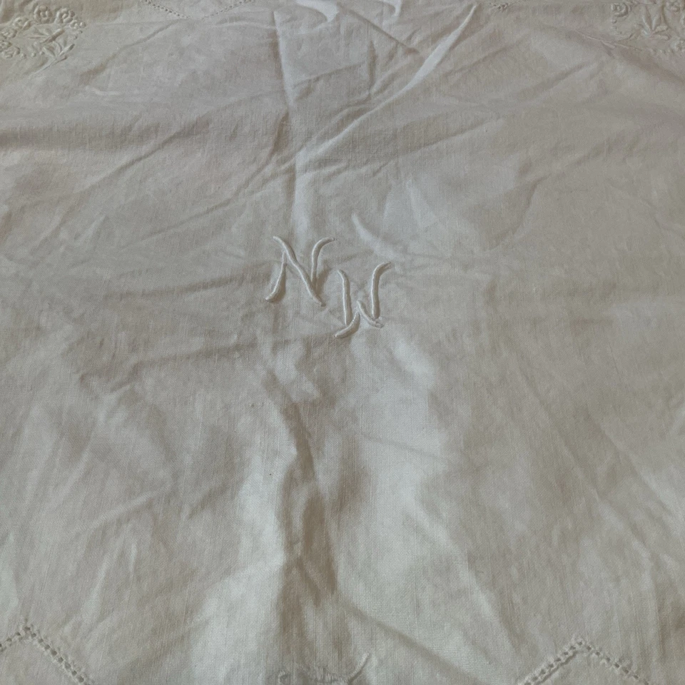 Delicate Intricate  Vintage French Hand Embroidered  Linen Sham 28x27 Mono MNNW - Image 2 of 4