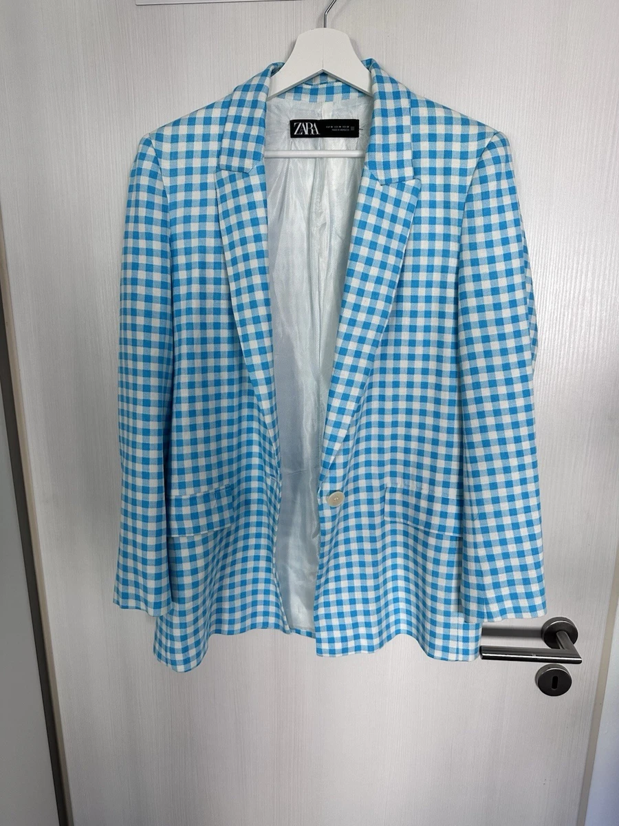 Zara Damen Blazer M kariert blau/weiß gefüttert Knopfverschluss Business