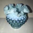 Fenton Blue Opalescent Hobnail  4 1/4” Crimped Ruffle Vase Vintage Glass