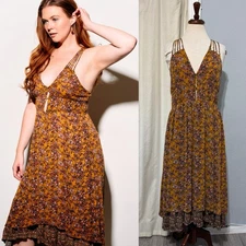 American Rag Golden Strappy Stretchy Floral High Low Maxi Dress Lined Boho Sz L