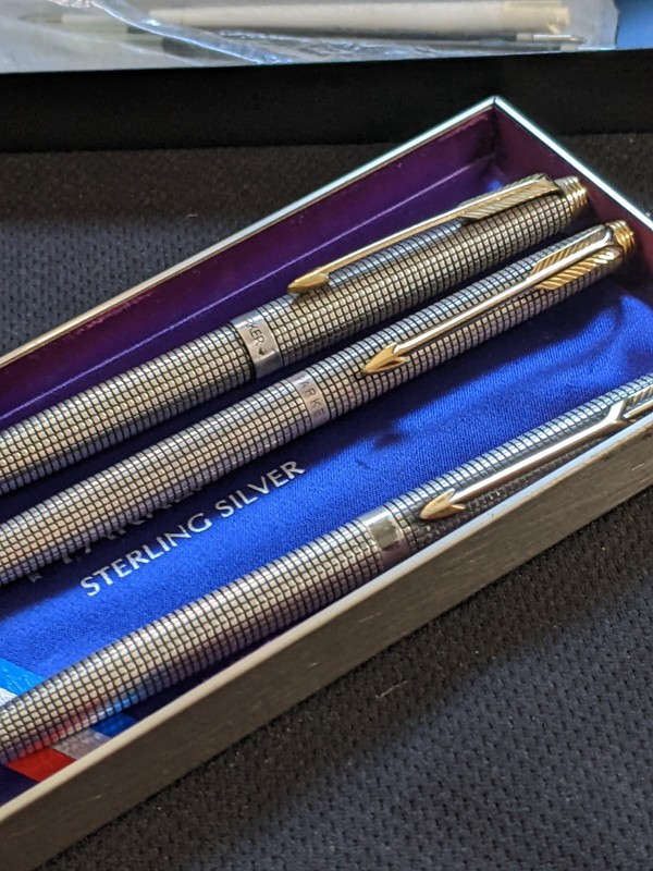 Parker 75 Usa Solid Sterling Silver Crosshatch Cisele Ballpoint Pens And Pencil