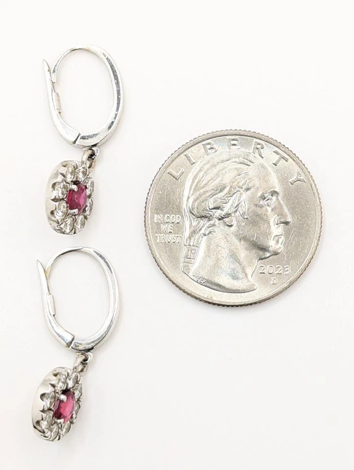 14K 4.49g Solid White Gold Ruby & Diamond Halo Star Cluster Drop Dangle Earrings - Image 2 of 4