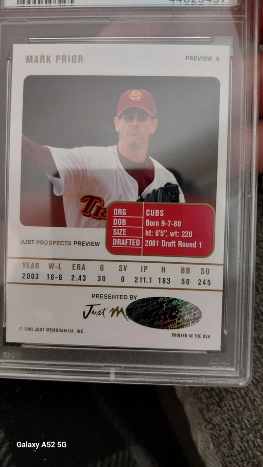2003 Just Prospects 9 Mark Prior Preview- Auto. PSA Cert. PSA10 Card Mint9 #6/50 - Image 2 of 3