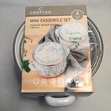 Crofton Mini Porcelain Enamel Casserole FLORAL WHITE 1 Quart 4pc Set NOS