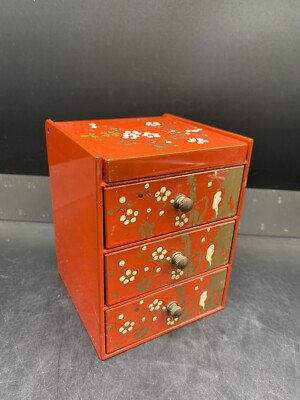 Vintage Asian Red Lacquer 3 Drawer Wooden Jewelry Box with Fold