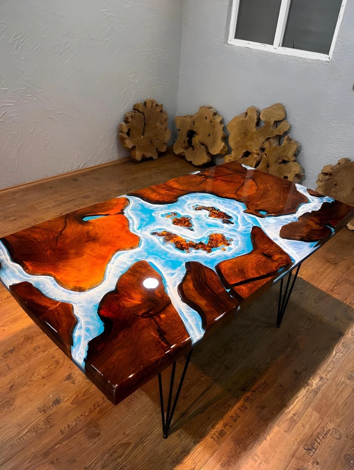 Ocean Epoxy Resin Dining Table – Customizable Walnut Wood with Blue Epoxy Design - Image 3 of 4