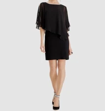 MSK Women's Black Boat Neck Rhinestone Trim Chiffon Popover Dress Size M