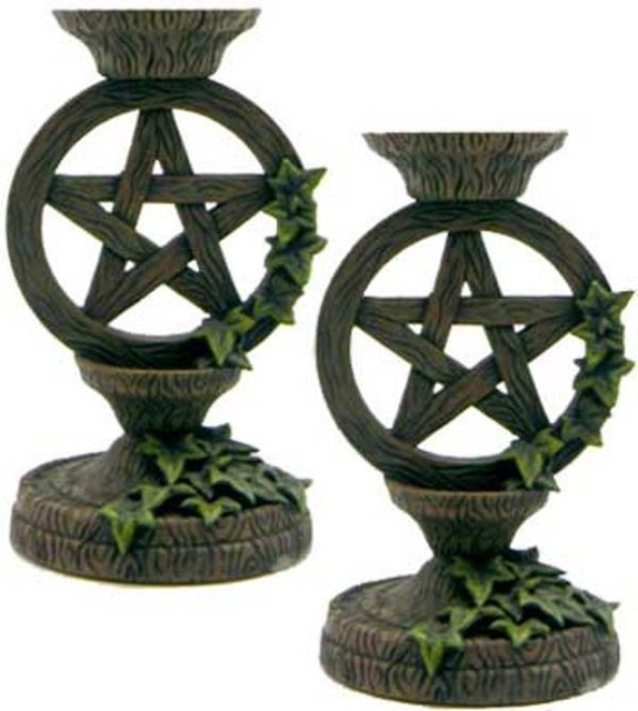 Unique Wiccan Gifts Pentagram Taper Candle Holder Set 5 1/2" Wicca