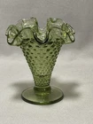 Vintage Fenton 4 inch Hobnail Glass Vase in Colonial Green with Ruffled Top 3952
