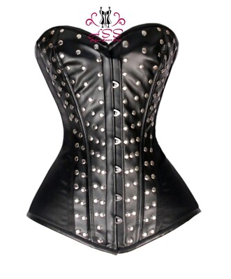 Hndmade Leather and Satin spiral Steel Boned gothic Overbust Corset full of stud