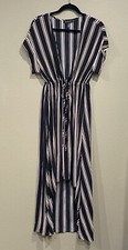 Malibu Sky Open Front Maxi Duster Long Striped Pink Blk Tie Up Cover Up Kimono S