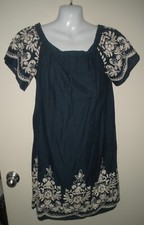 #905 Kori America Off The Shoulder Dress M Navy Embroidered Floral Boho Peasant