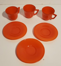 VINTAGE ORANGE GLASS HAZEL ATLAS CHILDS TEA SIZE CUP  SAUCER LOT/3 SETS