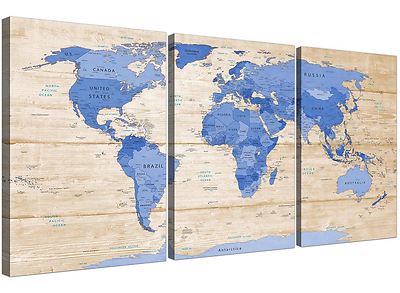 Große blau cremefarbene Weltkarte Atlas Leinwand Wandbild Kunstdruck - 3 Panel geteilt - 3308