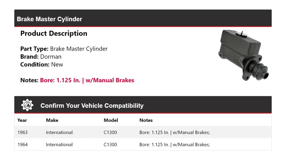 Cilindro maestro de freno Dorman International C1300 1963-1964 Foto 2 de 4