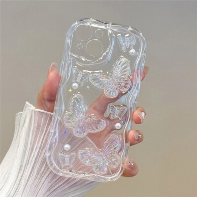 3D Butterfly Glitter iPhone Case | Bling Crystal Pearl Wave Cover 11 16 Pro Max