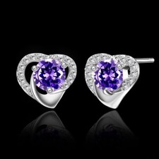 New White Gold Plated Silver Amethyst Purple CZ  Crystal Heart Stud Earrings