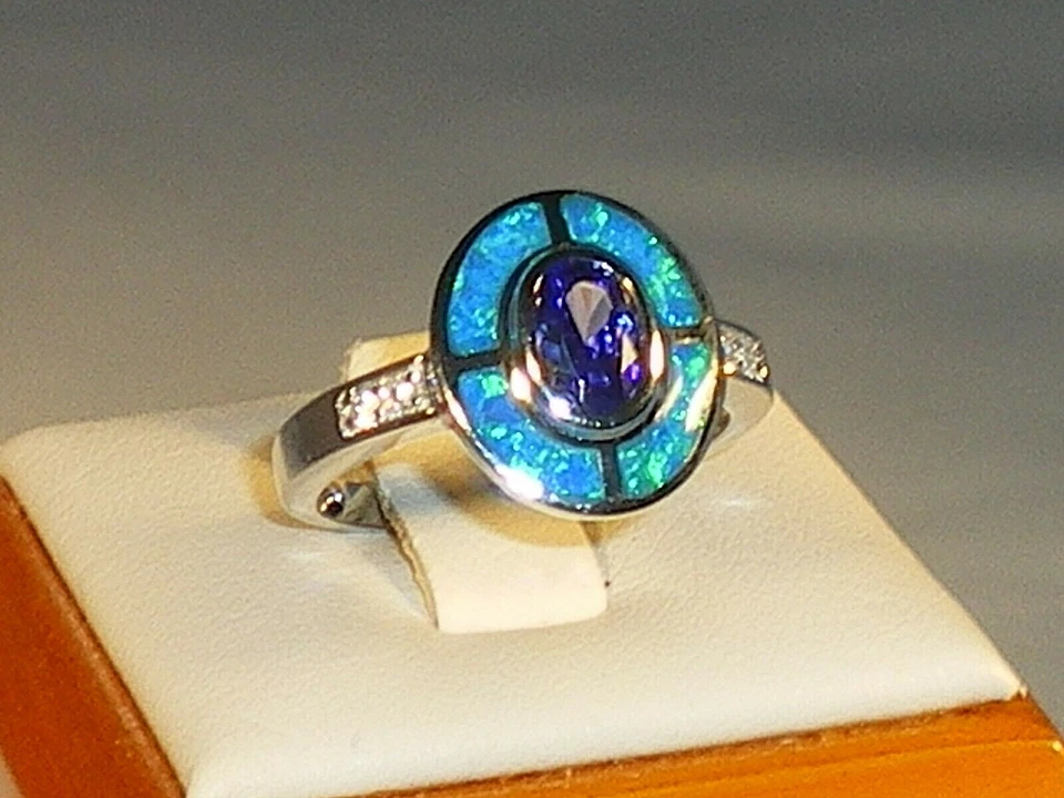Anillo objetivo de tanzanita y zafiro ópalo de plata maciza 925 Art Deco para dama Foto 3 de 4