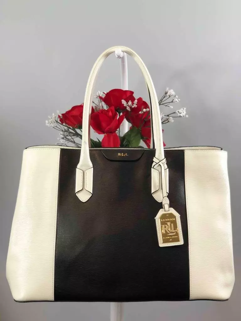 Ralph Lauren R.L.L. Off White and Black Saffiano Leather City Tote Shoulder  Bag