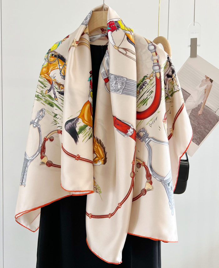 100% Mulberry Silk 53'' Square Scarf Women Neckerchief Wrap Seven horses Print