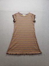 No Comment women Dress S Yellow Striped Ruffle Trim Bodycon Mini Casual Knit