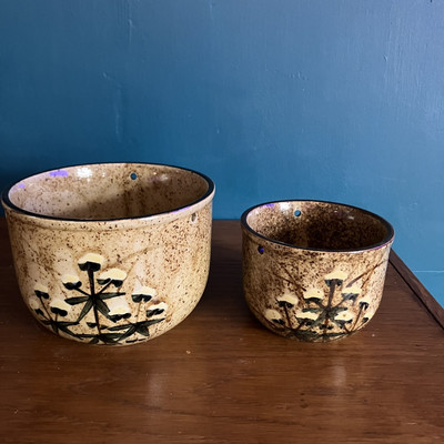 2 Vintage Takahashi gesprenkeltes Steinzeug hängende Übertöpfe Blumentöpfe Japan Kanada
