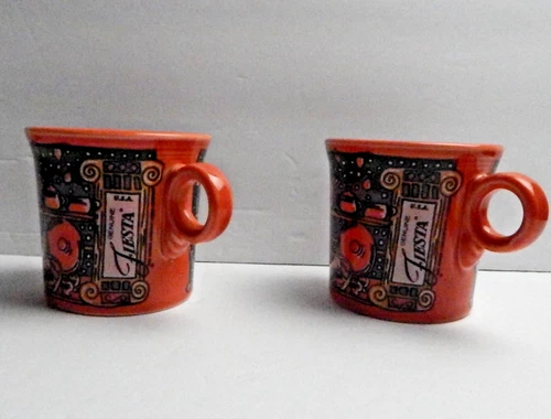 2 Fiesta Christmas Window Mug in Orange Fiesta ware Ring-Handled Coffee Cups