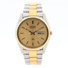Vintage 36mm 1974 Seiko 6923-8080 Day Date Quartz Wristwatch Steel & Gold Tone