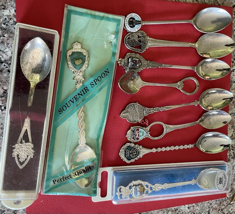 Lot of 9 Vintage Silver Metal Souvenir Collector Spoons w/ Cases Boxed