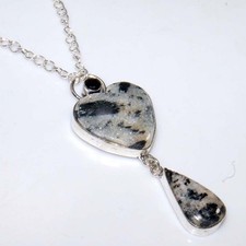 Heart Hornblende Black Onyx 925 Silver Plated Necklace 18