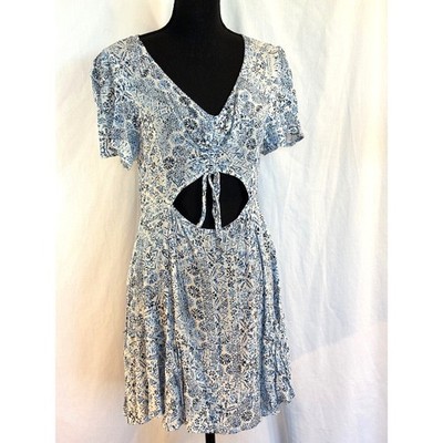 Mahina Maui Boutique Dress Blue White Floral Flutter Sleeve Cut-Out Tummy L
