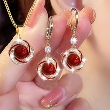 Zircon Flower Jewelry Set Women Imitation Pearl Pendant Necklace Earrings Set