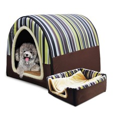 Dog/Cat Bed, 2-in-1 Indoor Pet House w/ Fluffy Mat, Removable, Washable Cover