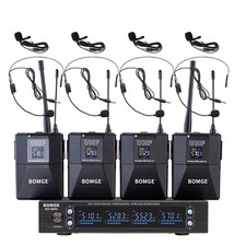 4 Channel UHF Wireless Microphone System with Lavalier Headset Mics, 4x50 Adj...