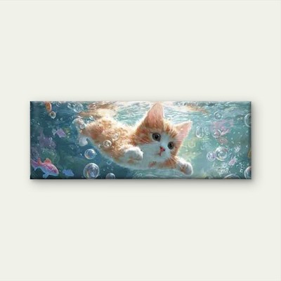Panoramic Cute Ginger Kitten & Fish Canvas Print Wall Art Home Decor