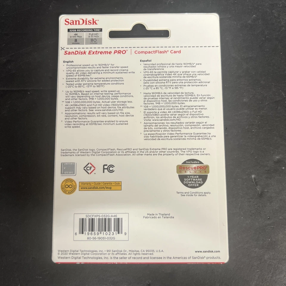 SanDisk 32GB Extreme Pro CompactFlash Card (SDCFXS-032G-G46) - Image 2 of 2