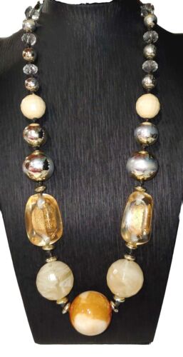 Vintage Blown Glass Gold Foil Bead & Acrylic  Silver Bronze Tone Necklace 21" - Picture 1 of 4