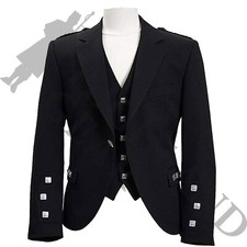 Black Argyll Jacket Vest-Waistcoat 100 Wool Kilt Jacket- Ex Hire for Wedding