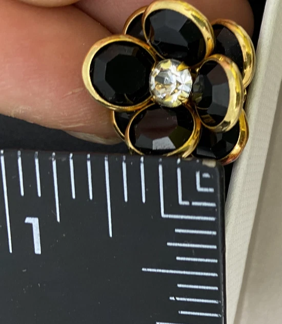 Swarovski Black Gold Bezel Crystal Flower Pierced Earrings w/ Rhinestone Center  - Image 4 of 4