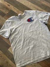Champion Men T-Shirt Gray Logo Big C Patch  Tee Short Sleeve Size L