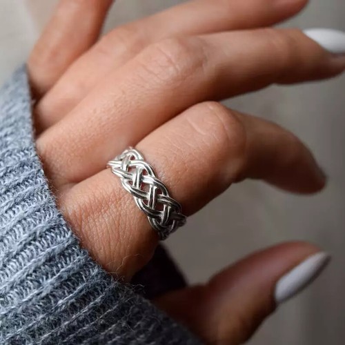 Sterling Silver Woven Knot Ring | Chunky Adjustable Boho Ring Band - 12mm Wide